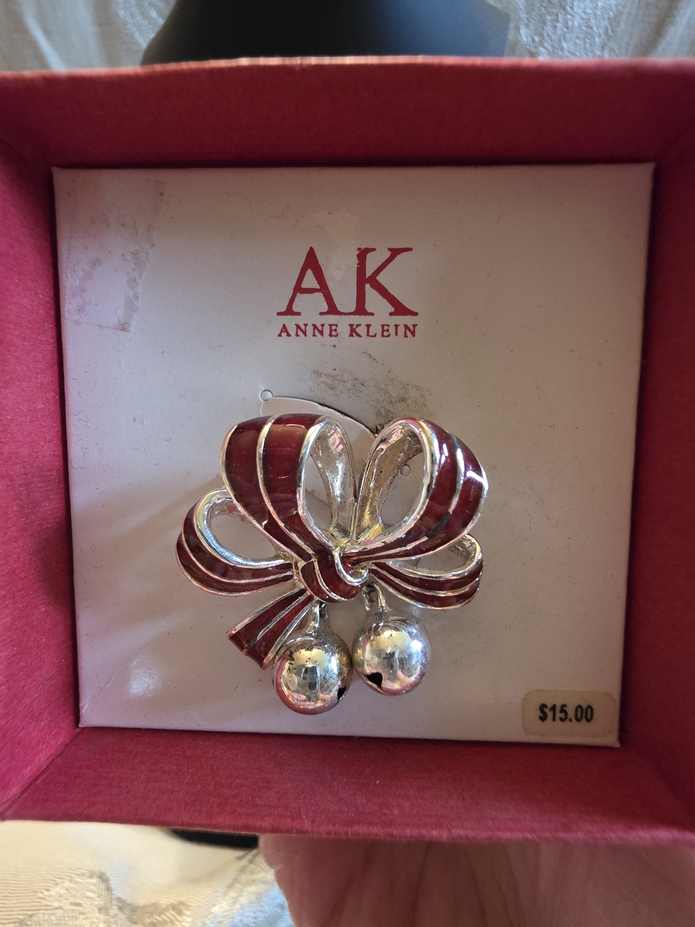 #351 Anne Klein Red and Silver Enamel Bow Brooch with Dangling Balls